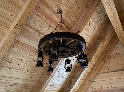 Small Wagon Wheel Reproduction Chandelier with Lanterns