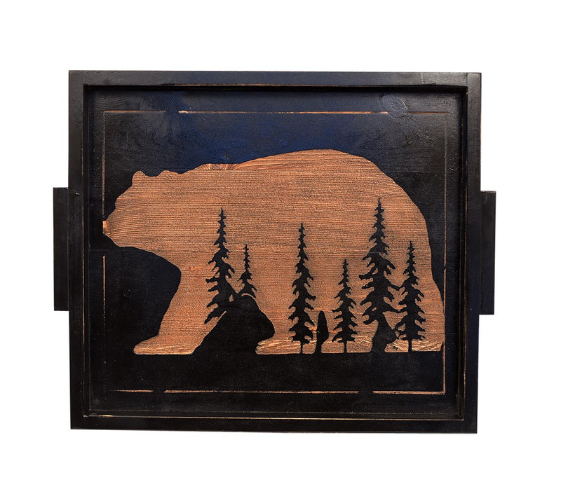 Bear and Pine Tree Black Stained Wood Serving Tray