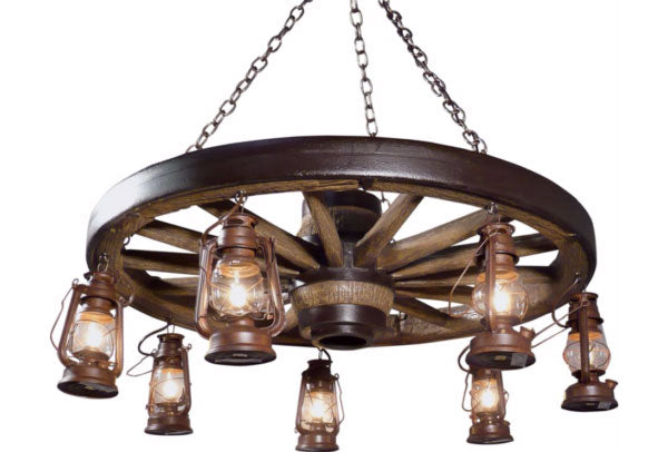 Large Wagon Wheel Reproduction Chandelier with Lanterns