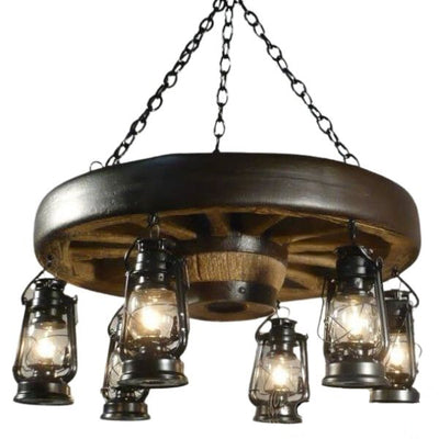 Small Wagon Wheel Reproduction Chandelier with Lanterns